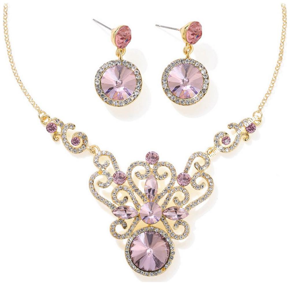 

Jewels Galaxy Crystal Elements Luxuria Edition Elegant Floral Design Gold Plated Lovely Pink Necklace Earrings Set For Women Girls