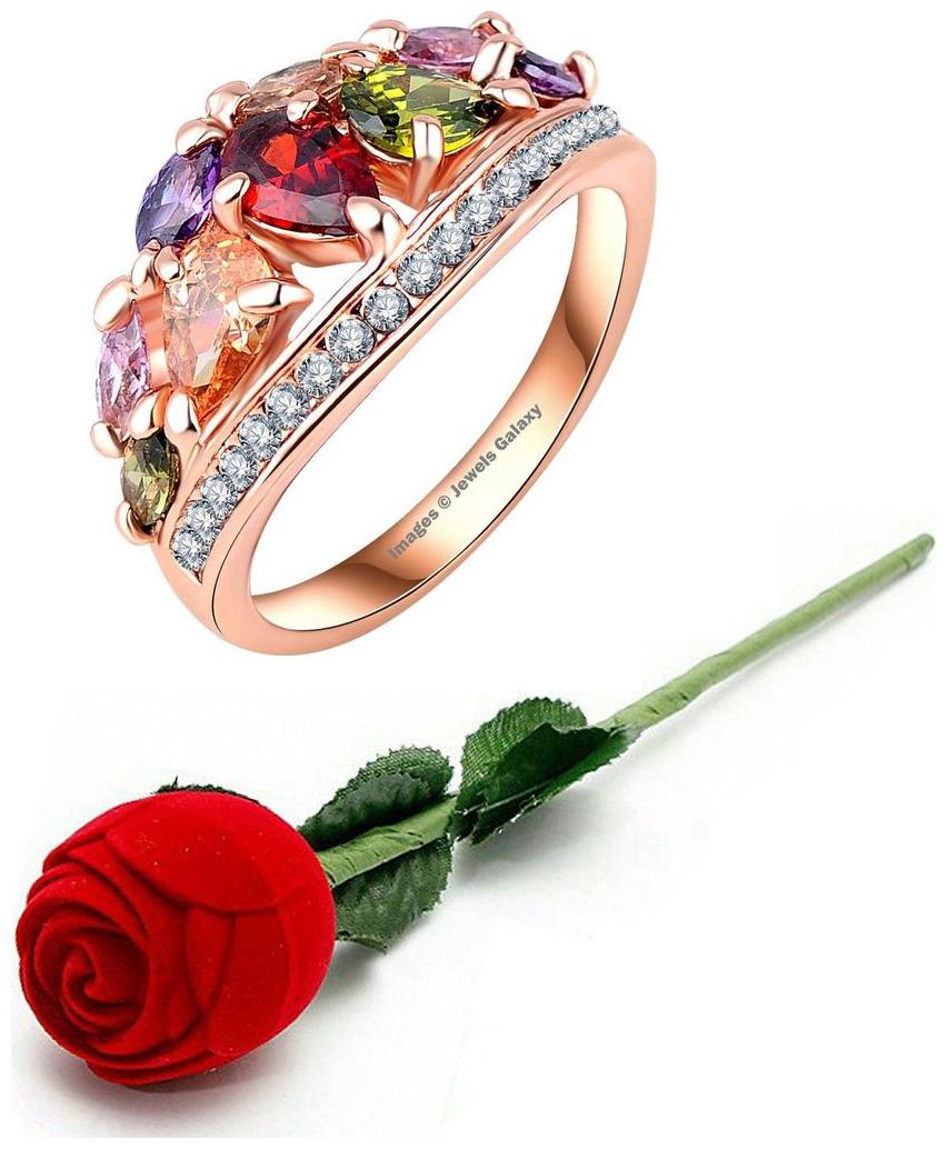 

Jewels Galaxy Valentine Special Sparkling Colorful Crystals Forever Love 18K Rose Gold Impressive Ring With Fancy Velvet Rose Ring Box For Girls