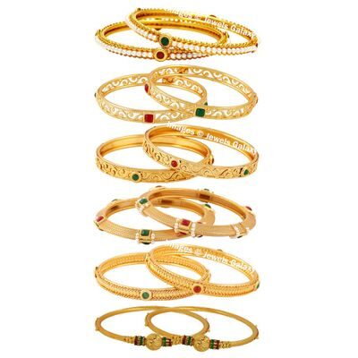 

Jewels Galaxy Delicate Design Handcrafted Red-Green Ruby Pearl Studded Meenakari And Plain Gold Plated Bangles Collection - Pair of 6