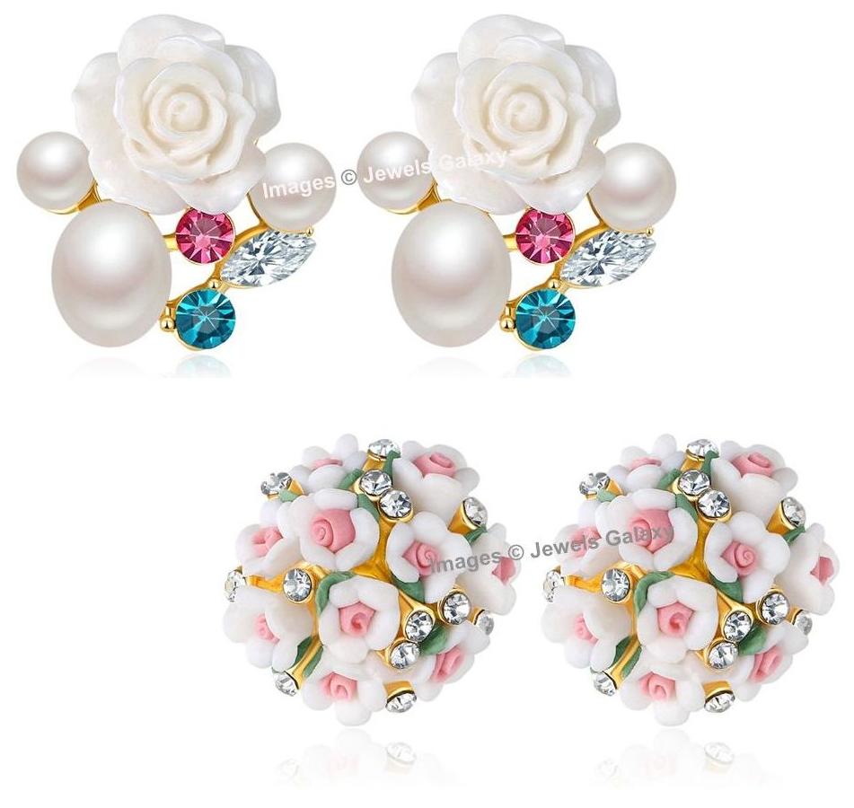 

Jewels Galaxy Crystal Elements Exclusive Luxuria Rose Designer Glamorous Floral Earrings Combo For Girls Women - Combo of 2