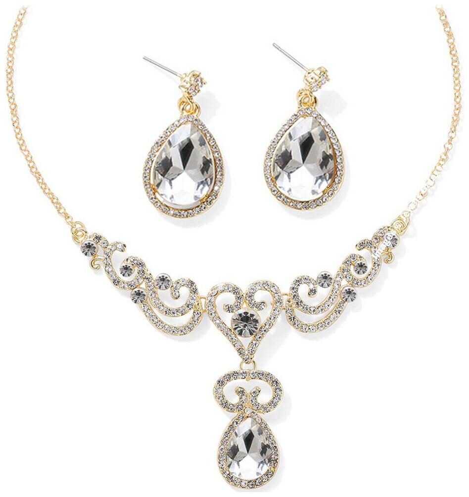 

Jewels Galaxy Crystal Elements Luxuria Delicate Design AAA AD Off-White Gold Plated Necklace Earrings Set For Women Girls