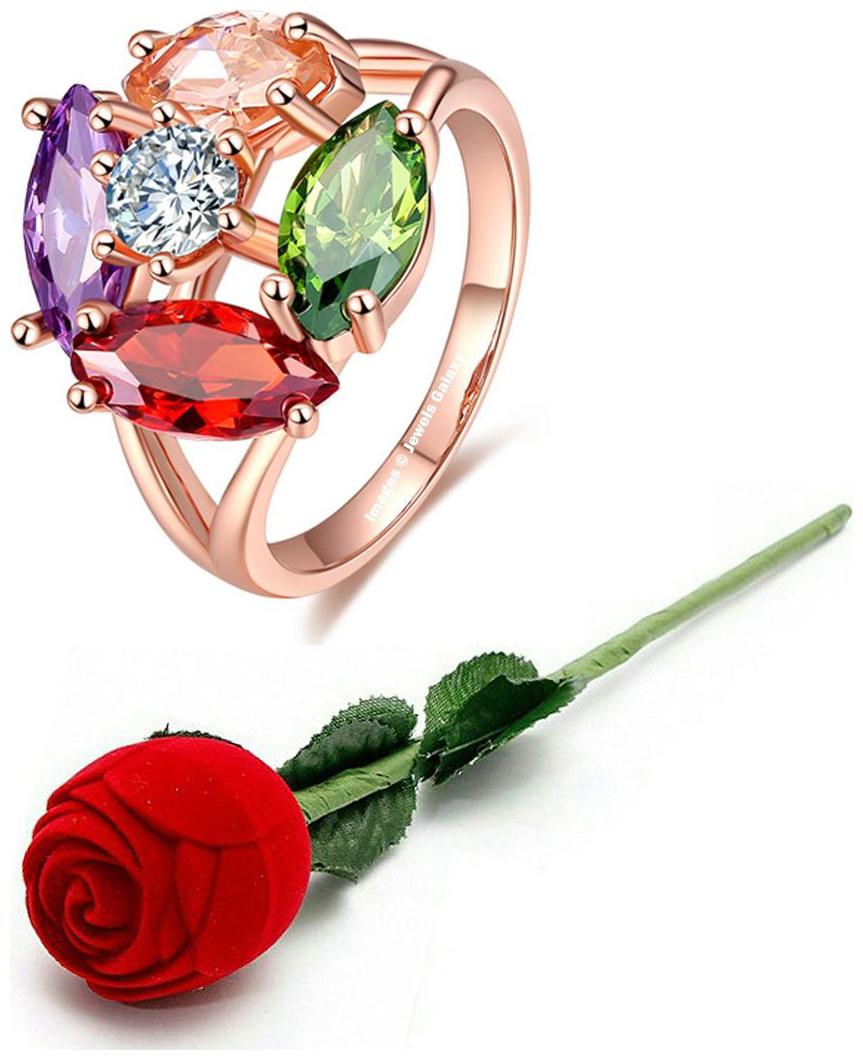 

Jewels Galaxy Valentine Special Top CZ Stone Floral Design Stunning 18K Rose Gold Ring With Fancy Velvet Rose Ring Box For Women Girls