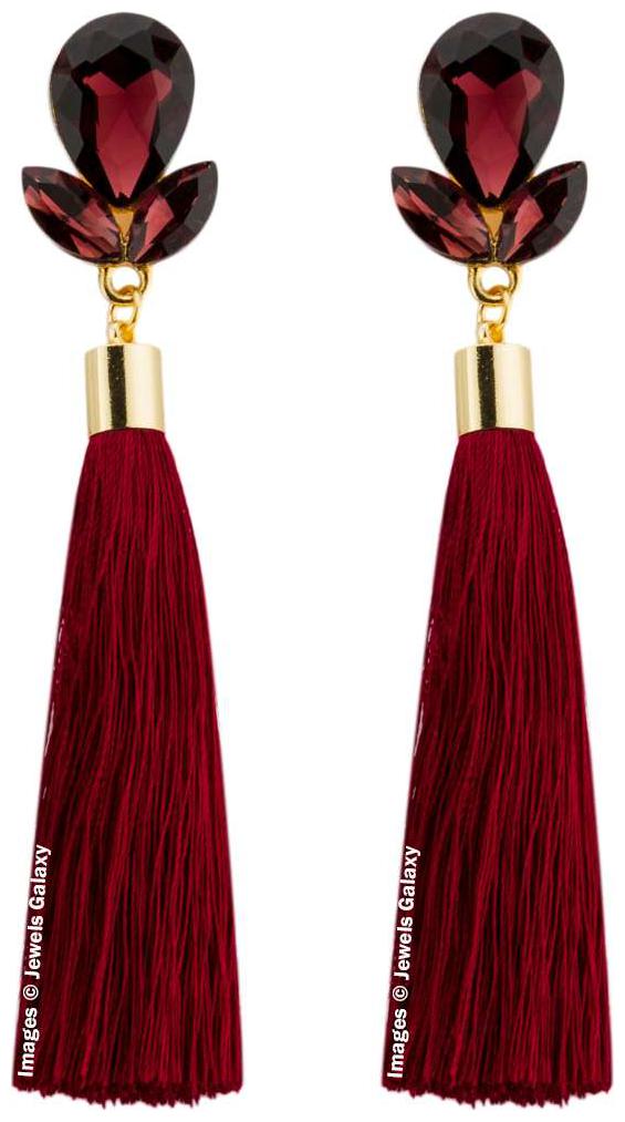 

Jewels Galaxy Exclusive Luxuria Ravishing Petals Design Cubic Zirconia Gold Plated Maroon Tassel Earrings For Women Girls