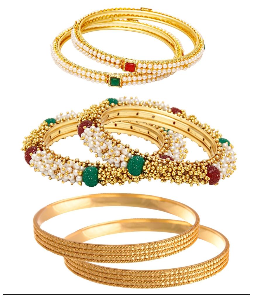 

Jewels Galaxy Combo Of Broad Pearls and Gold Beads Bangles Designer Pearl Bangles and Trendy Gold Plated Bangles - Pack Of 6