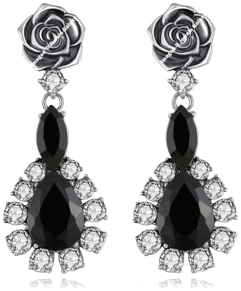 

Jewels Galaxy Crystal Elements Sparkling Red Delicate Rose Design Antique Silver Plated Glamorous Drop Earrings For Women Girls