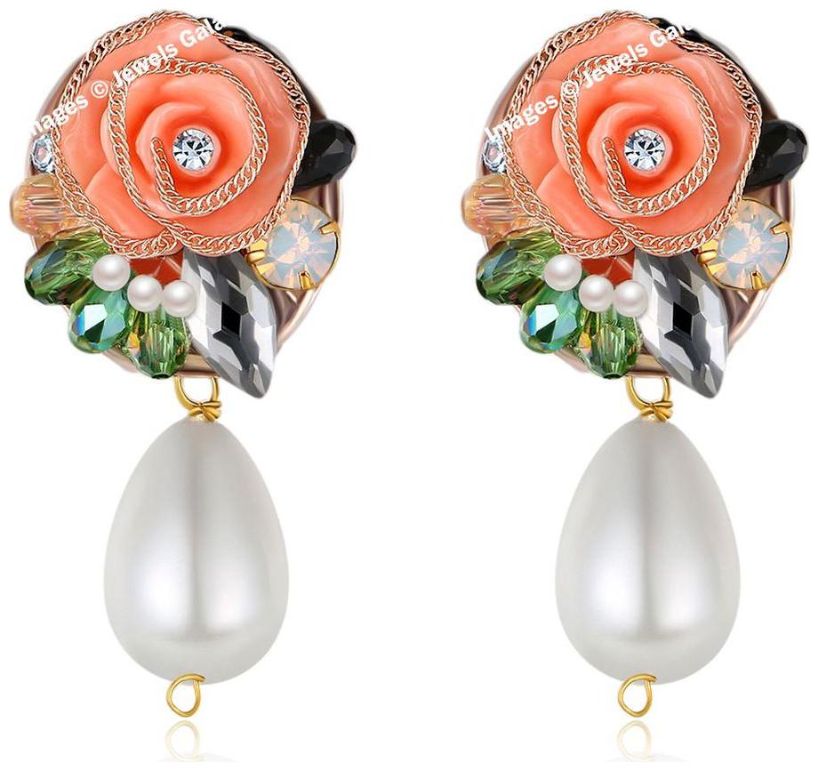 

Jewels Galaxy Floral Limited Edition Delicate Rose Pearl Design Flawless Pair Of Gold Plated Drop Earrings For Women Girls