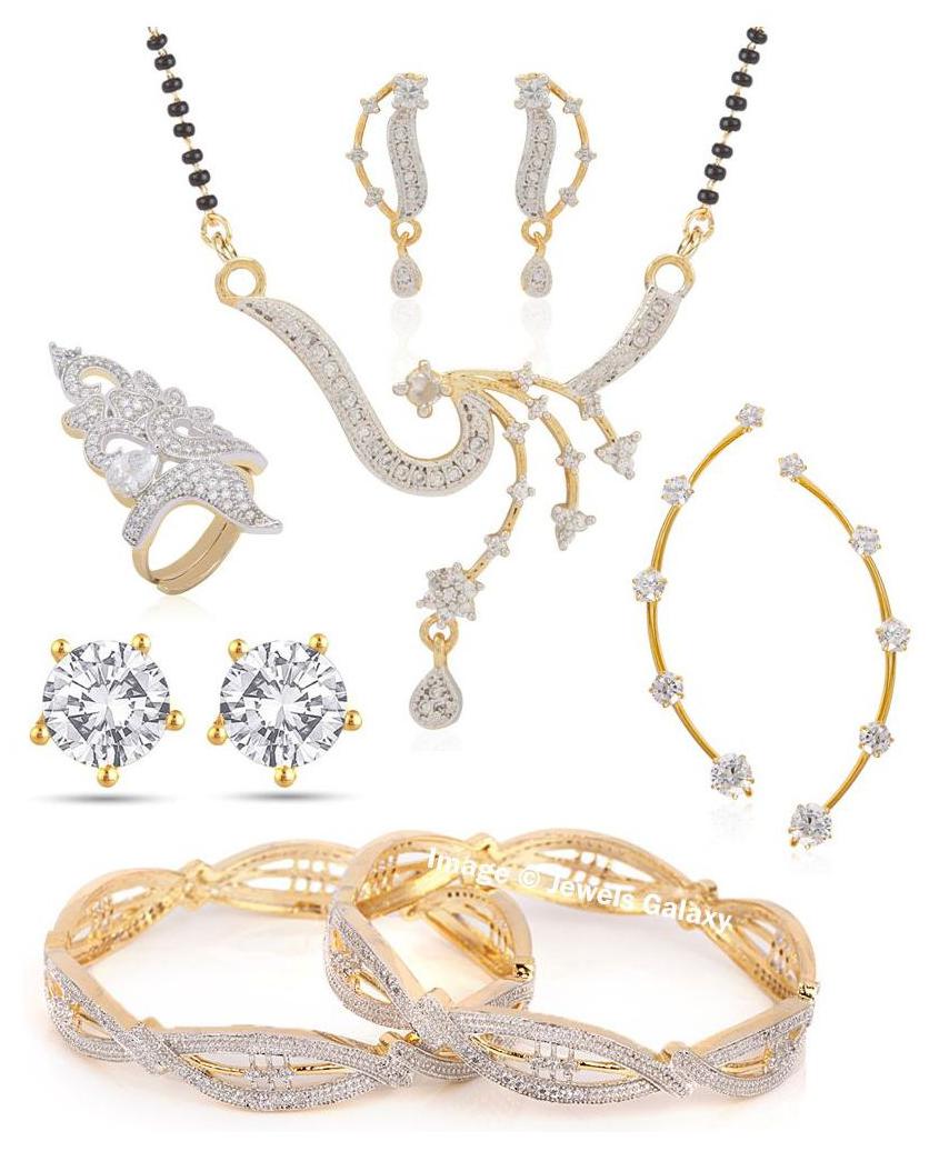 

Jewels Galaxy Elegant Set Of 2 Ad Bangles with 1 Mangalsutra Set 1 Pair Of Solitaire Earcuff 1 Pair Of Stud Earrings 1 Adjustable Ring - Combo Of 5