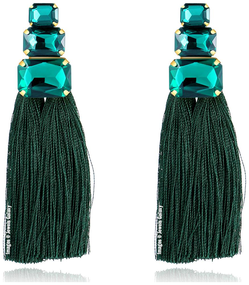 

Jewels Galaxy Elegant Luxuria Gold Plated Excellent Triple Geometrical Crystal Glitzy Green Tassel Earrings For Women Girls