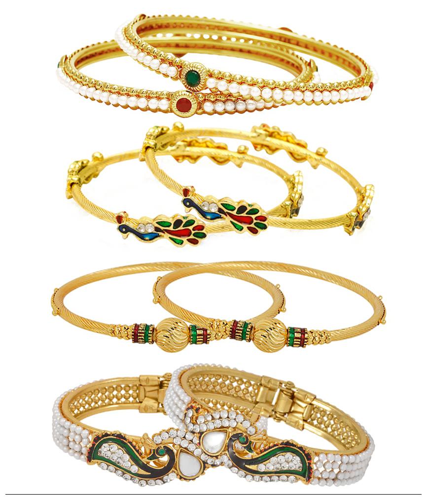 

Jewels Galaxy Combo Of Free Size Broad Mayur Bangles Gold Plated and Pearls Bangles - Pack Of 8