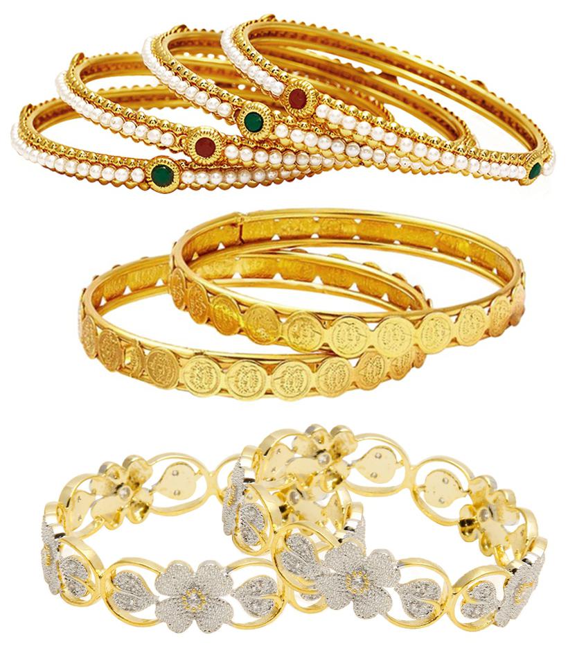 

Jewels Galaxy Combo Of Sparkling Floral American Diamond Bangles Temple Coin Bangles and Designer Pearls Bangles - Pack Of 8
