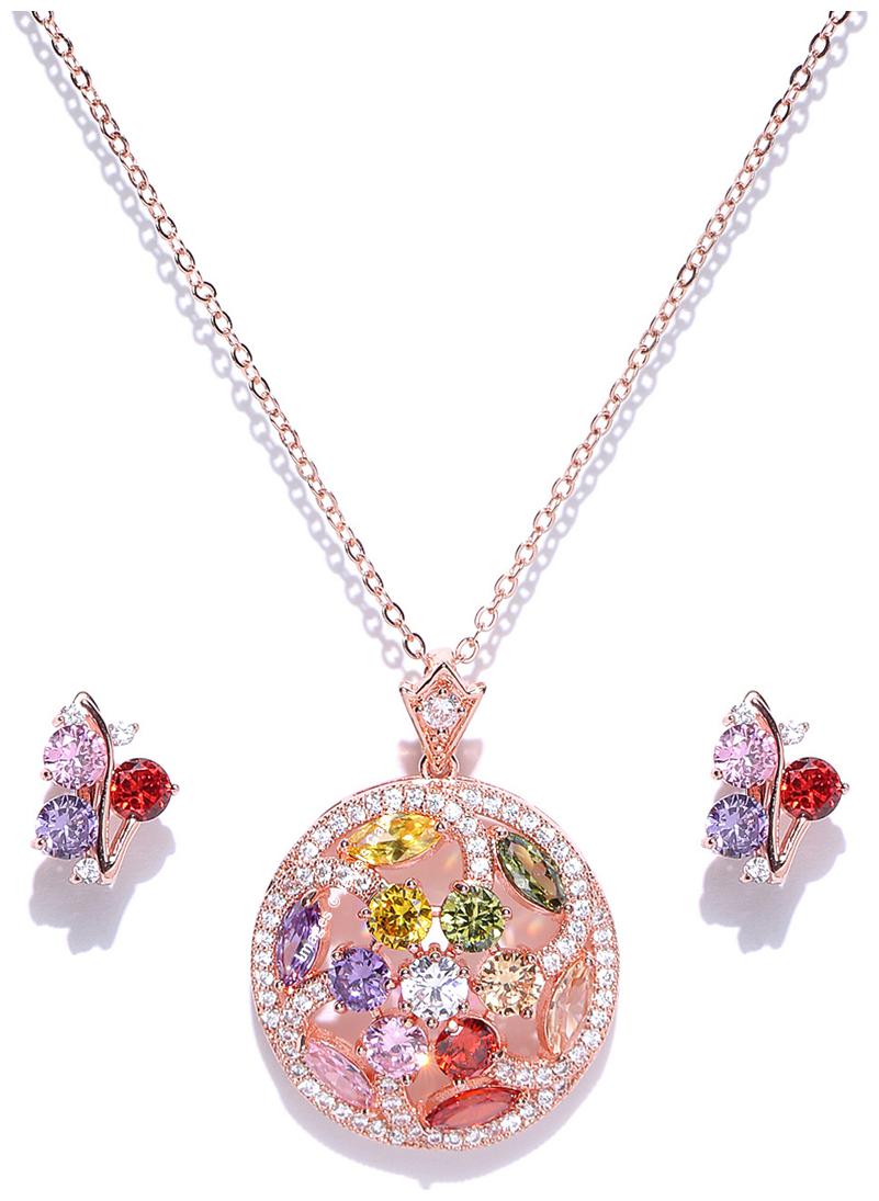 

Jewels Galaxy Limited Edition Tantalizing AAA CZ Floral Design Mesmerizing 18K Rosegold Pendant Set For Women Girls