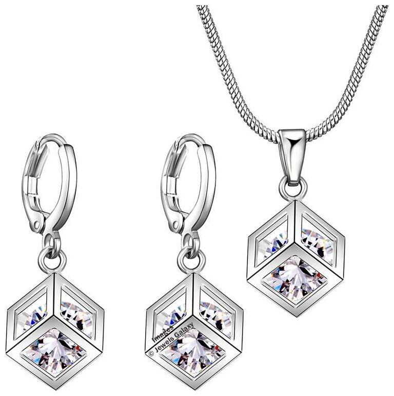 

Jewels Galaxy Crystal Elements Cube Designer Sparkling Luxuria Platinum Plated Stunning Pendant Set For Wedding Party