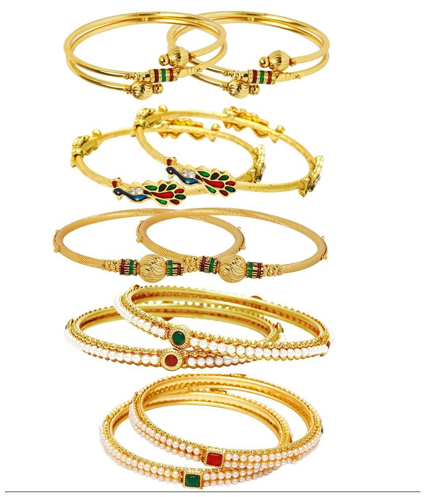 

Jewels Galaxy Combo Of Designer Pearls Bangles Mayur Bangles and Trendy Gold Plated Bangles - Pack Of 10
