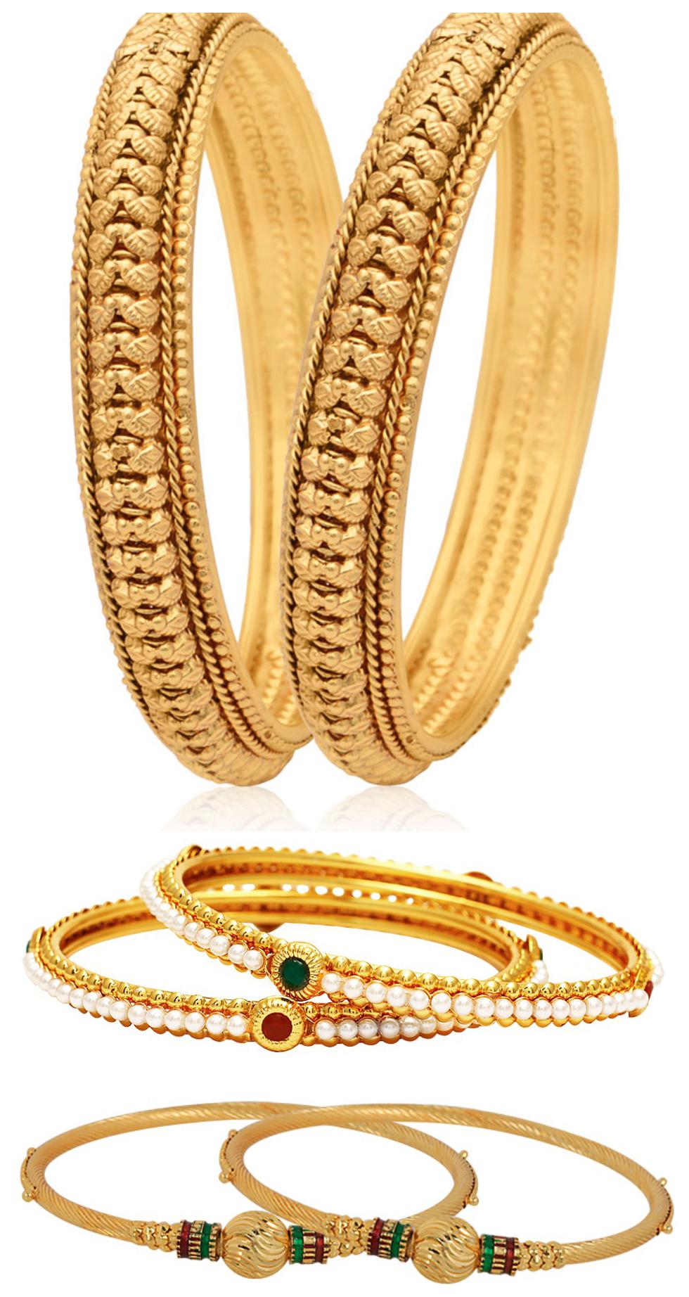 

Jewels Galaxy Combo Of Broad Designer Pearls Bangles and Gold Plated Bangles - Pack Of 6