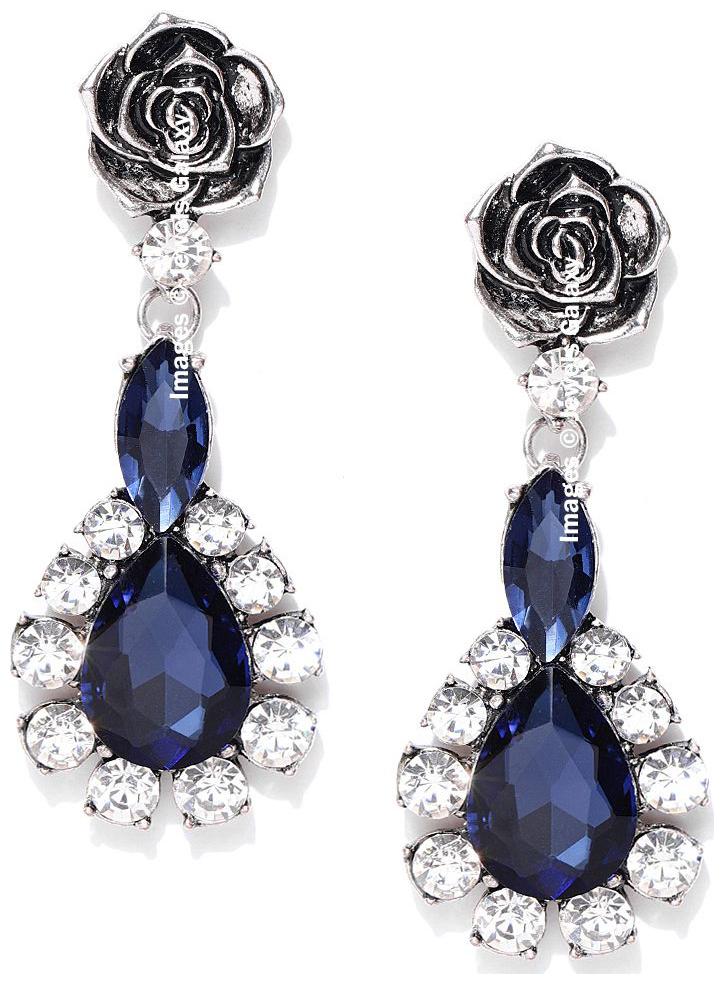

Jewels Galaxy Crystal Elements Luxuria Edition Ravishing Rose Design Antique Sparkling Silver Plated Blue Drop Earrings For Women Girls