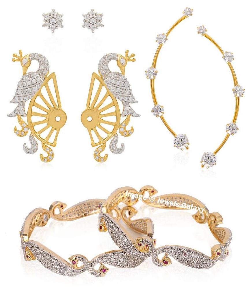 

Jewels Galaxy Peacock Collection Of American Diamond Bangles 2 Pair of Earcuffs - Combo Of 3