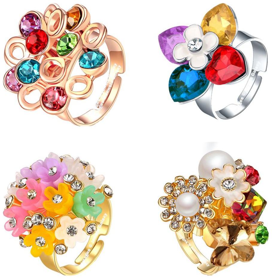 

Jewels Galaxy Luxuria Edition Delicate Floral Design Sparkling Collection Of Splendid Adjustable Rings For Women Girls -Combo Of 4