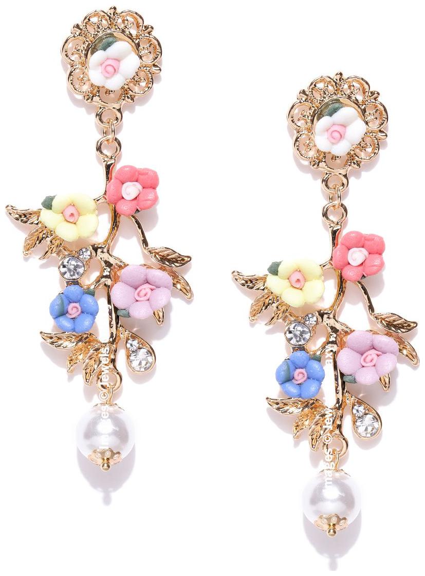 

Jewels Galaxy Exclusive Edition Delicate Florets Design American Diamond Resin Stunning Pearl Multicolor Drop Earrings For Women Girls