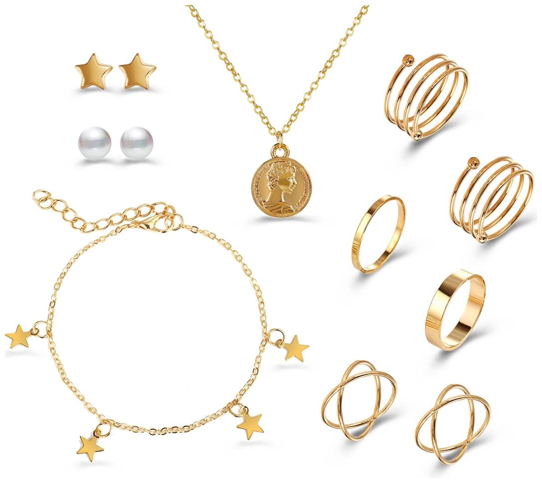 

Jewels Galaxy Pearl Gold Plated 2 Pairs Earrings 6 Rings Set with 1 Necklace 1 Bracelet for Women Girls