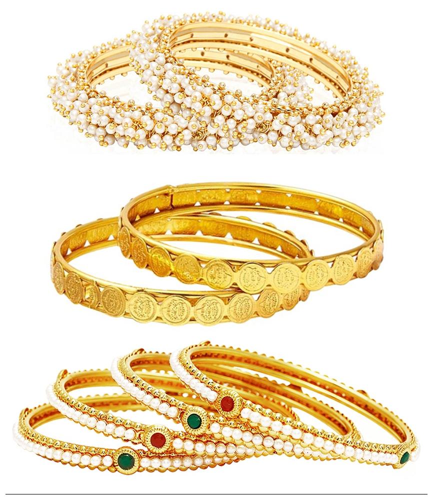 

Jewels Galaxy Combo Of Broad Designer Pearls Bangles and Coinage Bangles - Pack Of 8