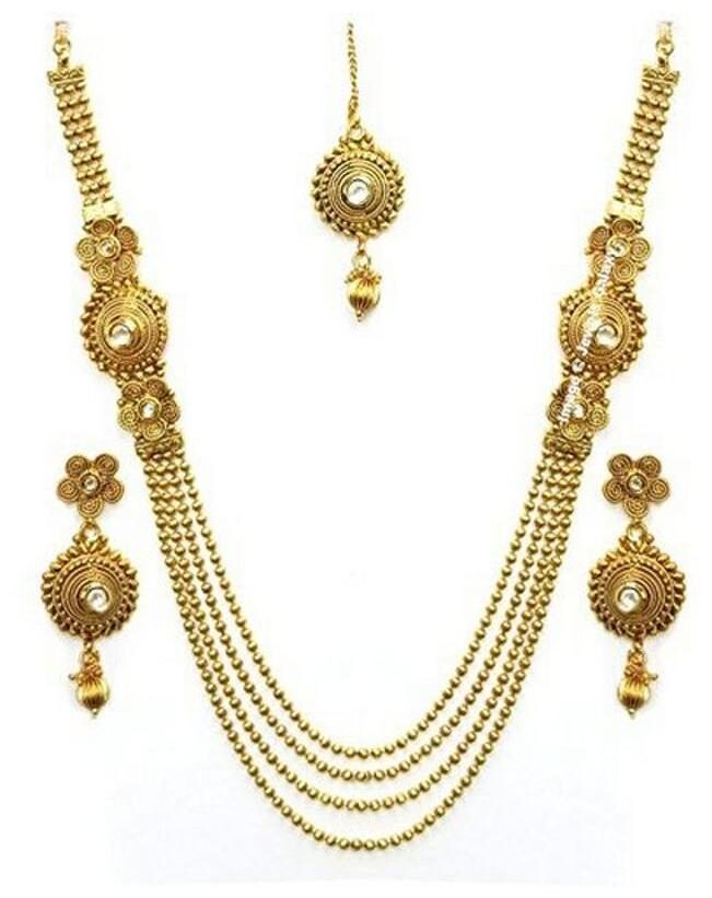 

Jewels Galaxy Traditional 4 Layer Maang-Tika Necklace Set For Wedding Party