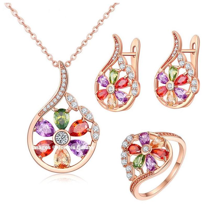 

Jewels Galaxy Crystal Elements Luxuria Limited Edition Sparkling Colors 18K Rose Gold Plated Floral Designer Magnificent Pendant Earrings Ring Set For Wedding Party
