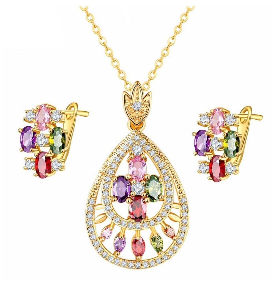 

Jewels Galaxy Swarovski Elements Limited Edition Sparkling AD Floral Designer 18K Rosegold Plated Multicolor Splendid Pendant Set For Women Girls