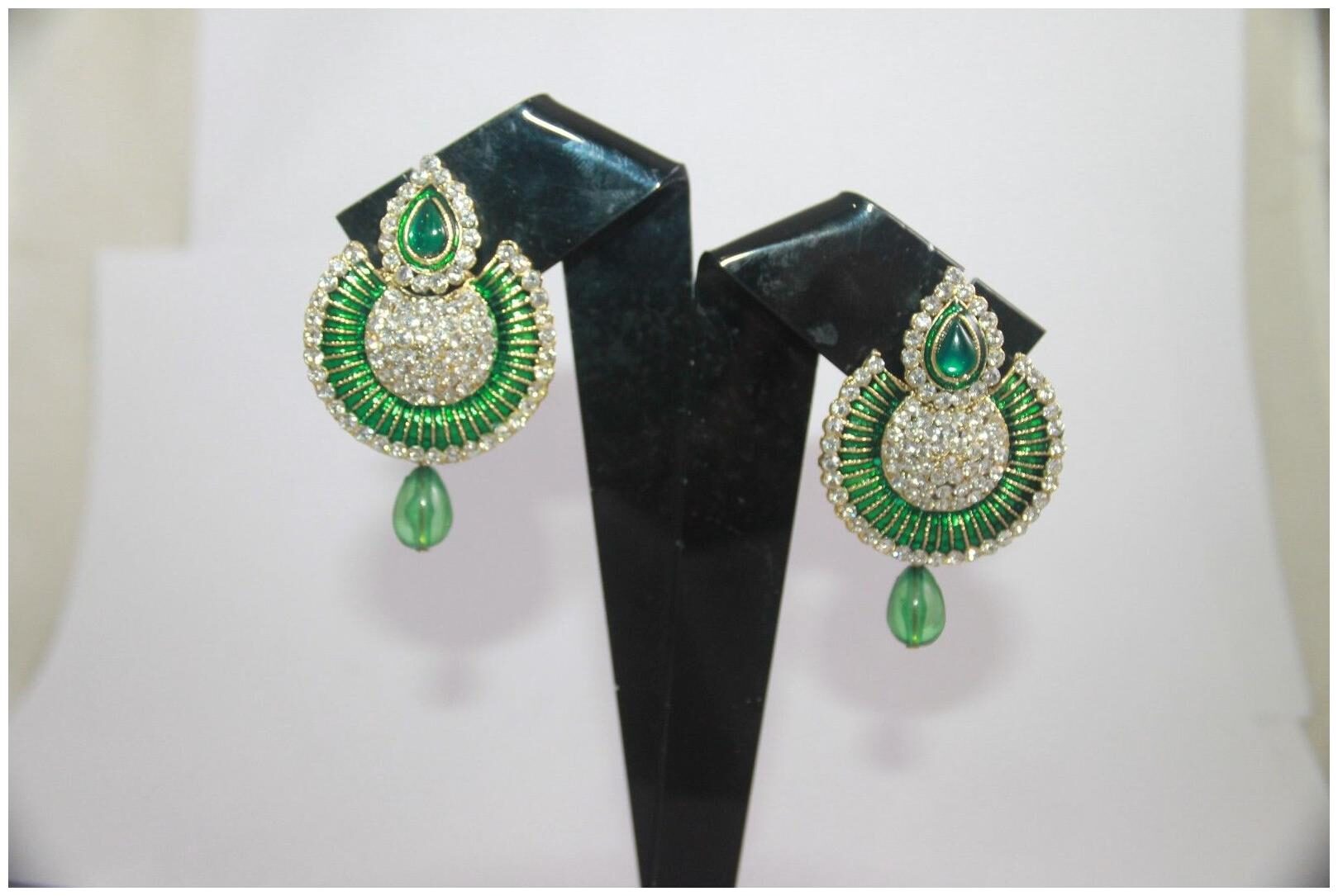 

Jewels Gold Alloy Beautiful Green Chand Earring Set Sparkling For Women Girls
