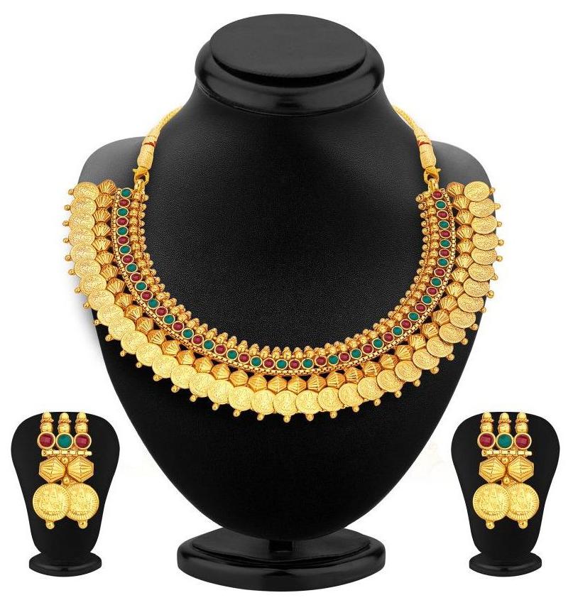 

Jewels Gold Alloy Party Wear Wedding Necklace With Earring Set For Women Girls
