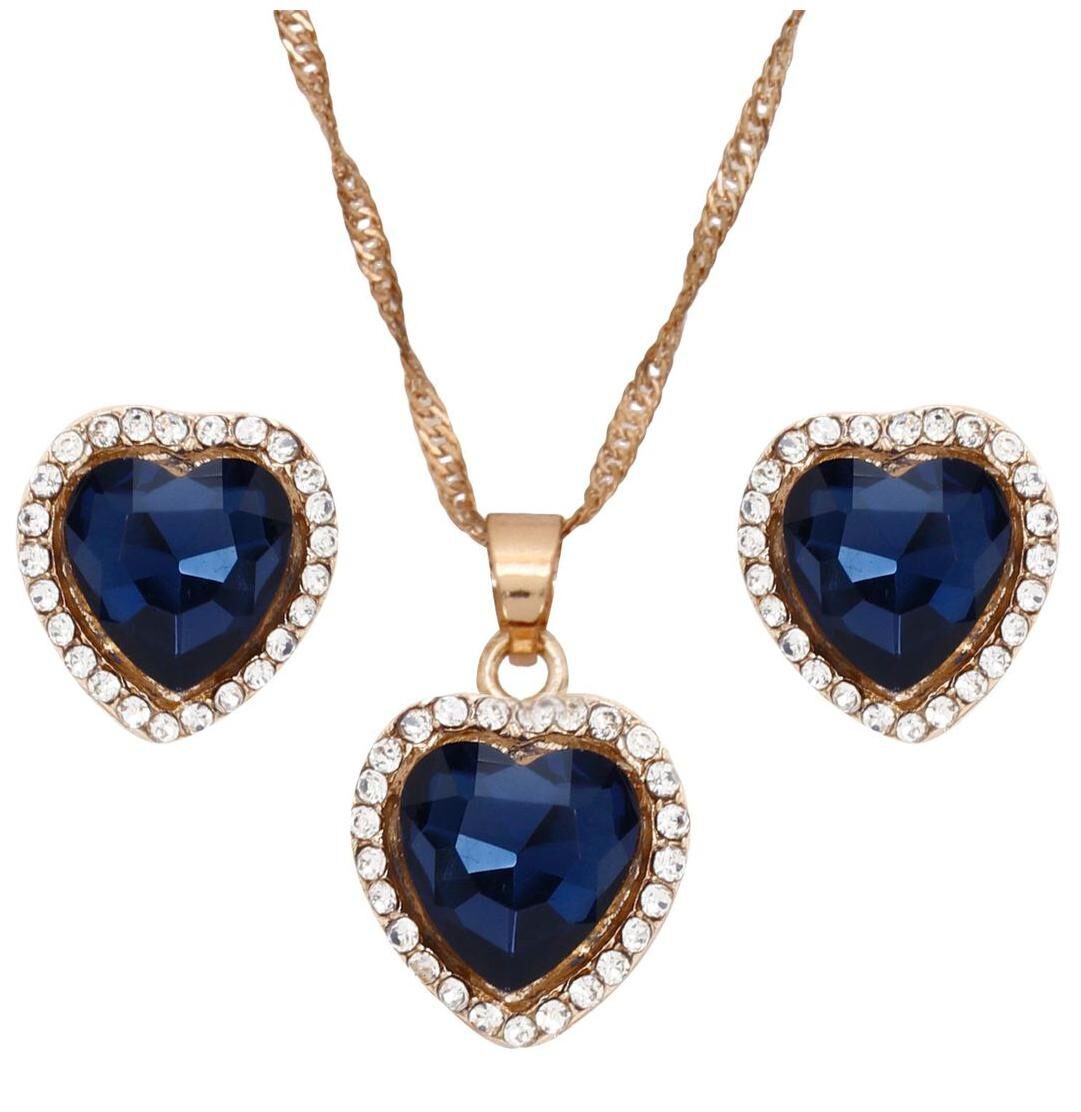 

Jewels Gold Alloy Party Wear Colored Antique Latest Blue Heart Pendant Set With Earring For Women Girls