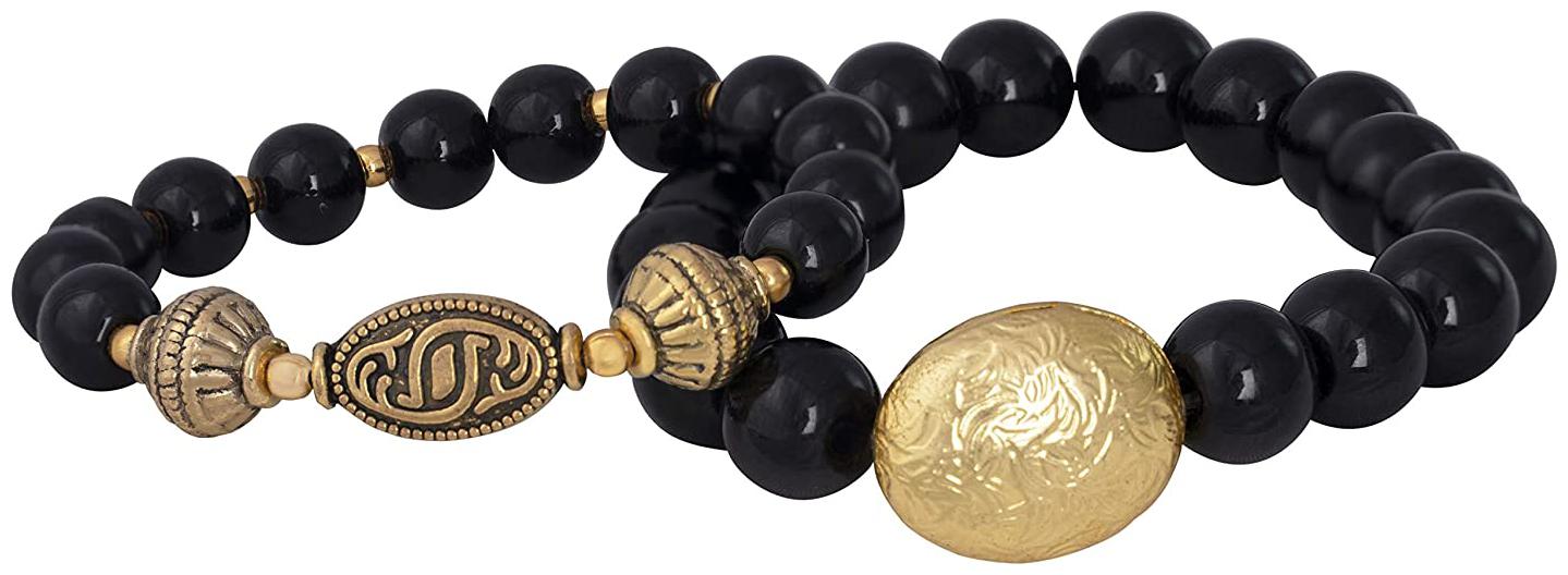 

JFL - Jewellery for Less Black Onyx Stone with Golden Bead Handmade Stretchable Bracelet for Couple
