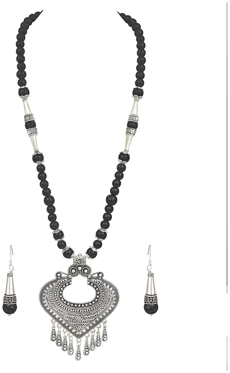 

JFL Jewellery for Less Silver Plated Black Beads with Oxidised Pendant Necklace Set for Women and Girls