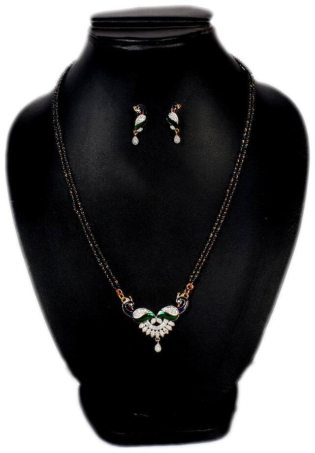 Jinagam Latest Traditional Women's Pride American Diamond Gold Plated Peacock Shape Mangalsutra Pendant with Chain and Earrings for Women