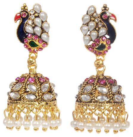 Jinagam Latest Gold Plated Pearl Peacock Kundan Jhumkas Diamond, Pearl Jhumki Earring Set For Women And Girls
