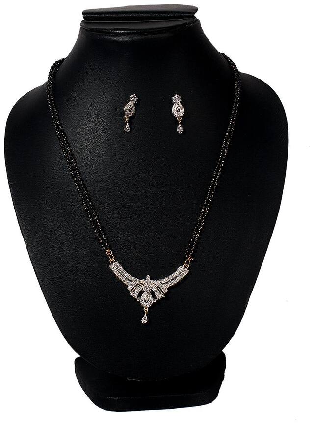 Jinagam Traditional Gold Plated and American Diamond Mangalsutra With Earrings for Women(Silver)