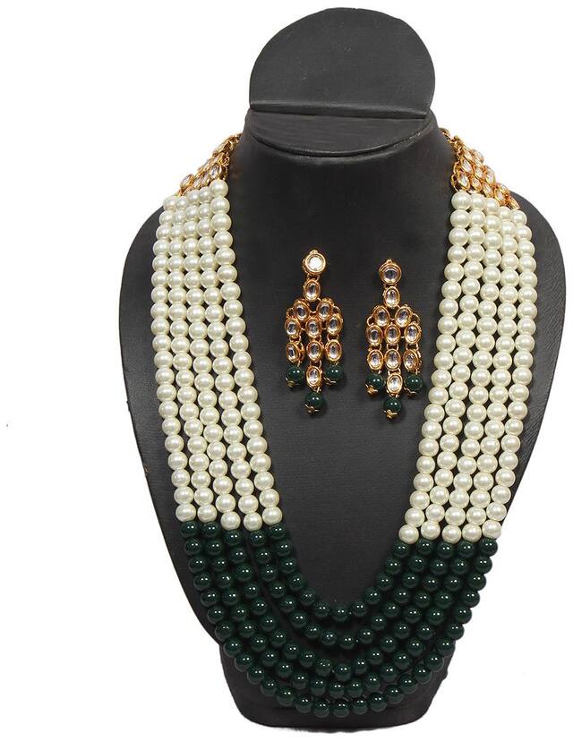 Jinagam Wedding Collection White-Green 5 Layer Faux Mother-of-pearl And Kundan Rani Haar Necklace Jewellery Set with Earrings for Women