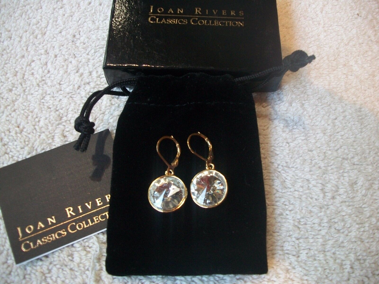 

JOAN RIVERS Sparkling EARRINGS Goldtone Faceted Clear Resin Lever back Free Ship