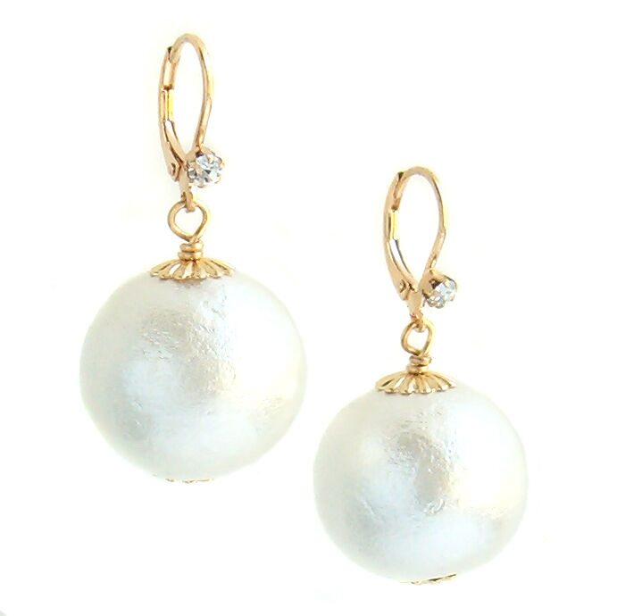 

John Wind Earrings Cotton Ball Pearl Crystal Gold Silver Medium Maximal Art