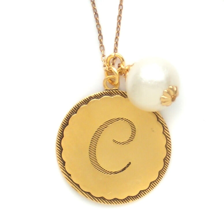 

John Wind Jewelry Necklace Maximal Art Gold Sorority Gal Initial Pom Pearl