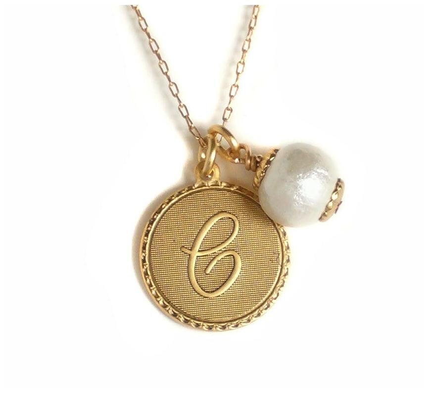 

John Wind Monogram Necklace Gold Mini Coin Initial Cotton Ball Maximal Art