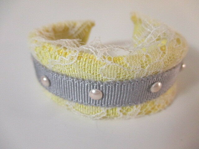 

JOOMI LIM Yellow Grosgrain Grey Ribbon Lace Pearl Cuff Bracelet NWOT 120