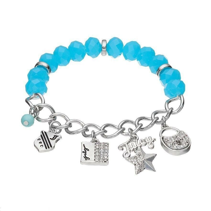 

JUICY COUTURE Bead Lock Star Square Shield Charm Stretch Bracelet Blue NEW