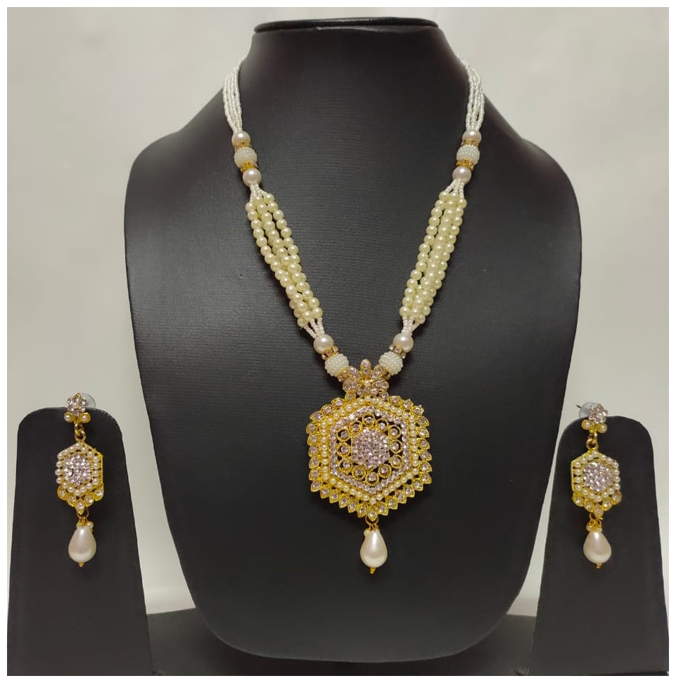 

Kanojia Collection Traditional Pearl CZ Stone Pendant Jewellery Set with Earrings for Women and Girls