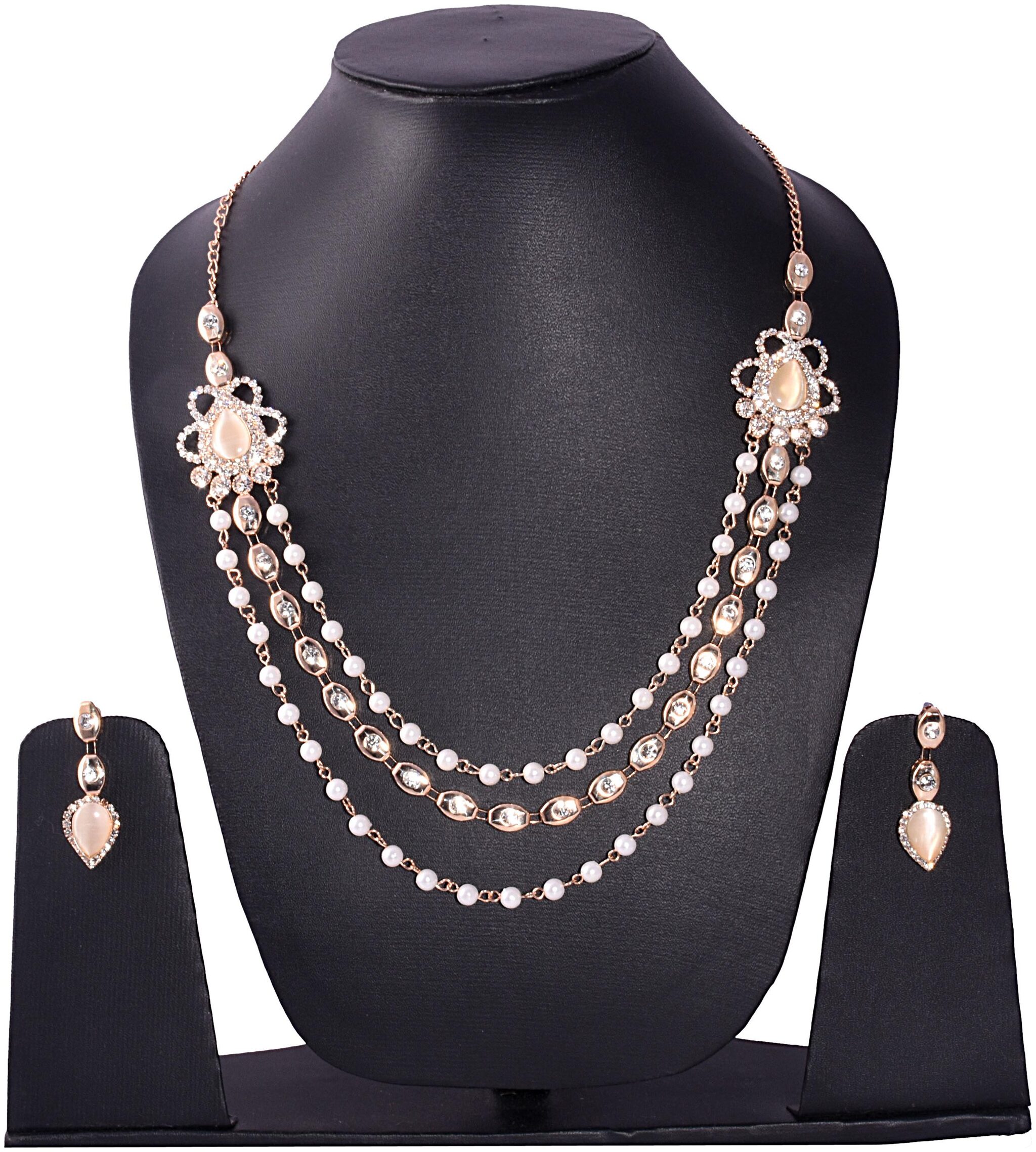 

Kanojia Collections White CZ (Cubic Zirconia) Stone 3 Layer Jewellery Set Women