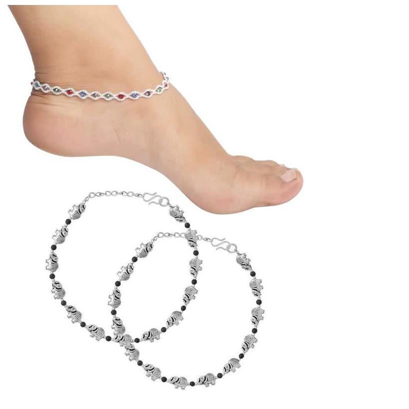 

Karmaah Girls And Women Silver Plating Payal Indian Traditional Ethnic Fashion Imitation Jewellery Foot Chain Alloy Anklet ( Pack Of 2)