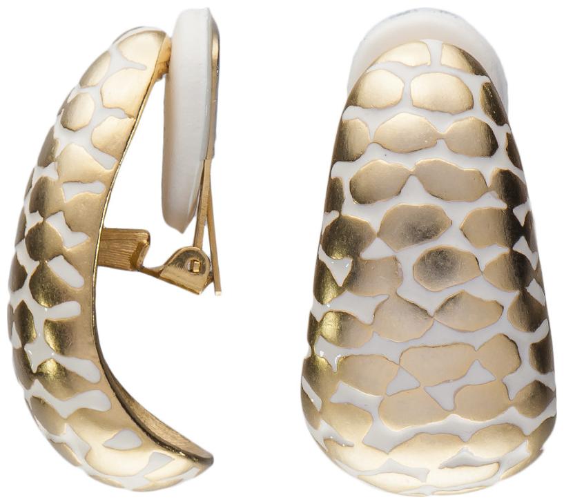 

Kenneth Jay Lane Satin Gold White Spots Tapered Clip Hoops Earrings