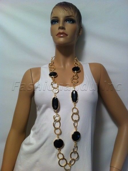 

Kenneth Jay Lane circle link black stations long necklace can be belt 4712NSGB
