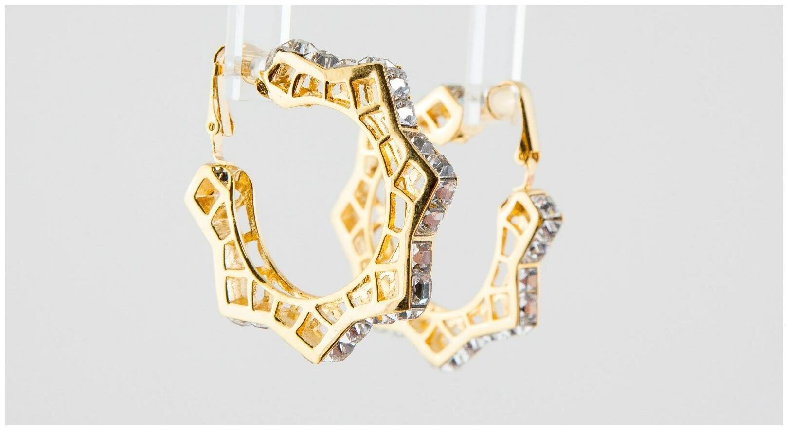 

Kenneth Jay Lane Large Gold Crystal Open Sides Spike Hoop Clip Earrings