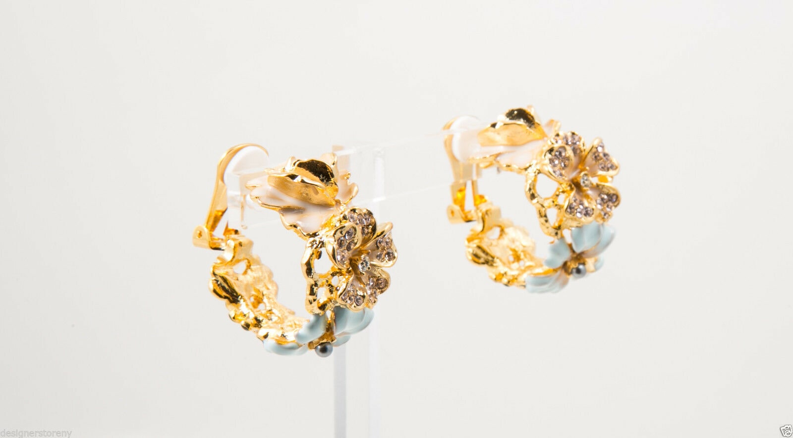 

Kenneth Jay Lane Gold Multi White Flower Bug Clip Hoop Earrings
