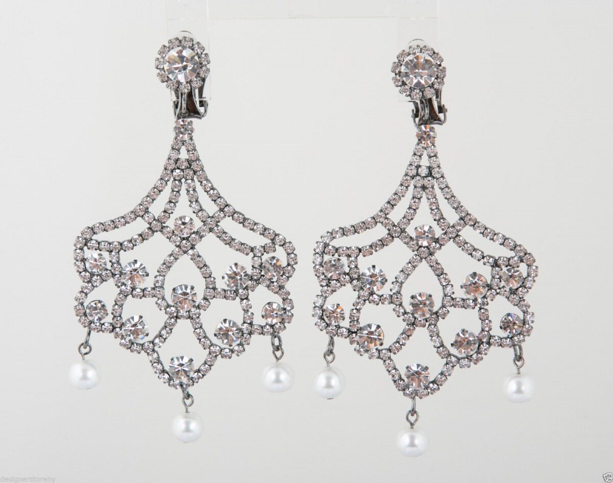 

Kenneth Jay Lane Gunmetal Crystal Pearl Drops Lace Clip Earrings